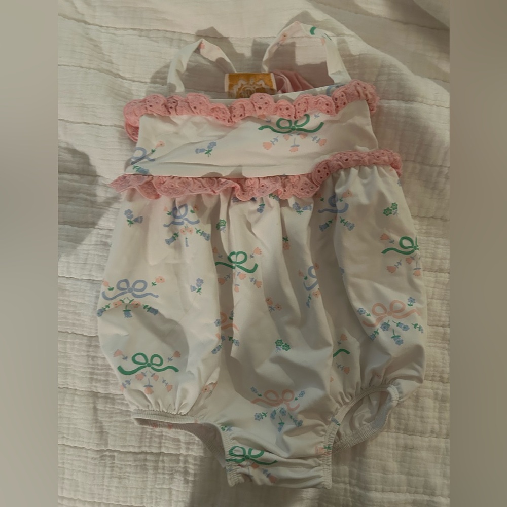 The Beaufort Bonnet Company baby bubble bathing suit with Pink and Green Accents
